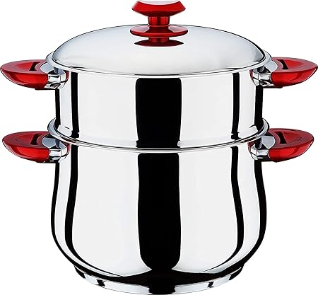Hascevher Stainless Steel Steamer Belly shape Cous Pot with Red Handle | Steamer Cookware Red Handle (32 CM)