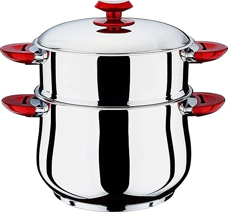 Hascevher Stainless Steel Steamer Belly shape Cous Pot with Red Handle | Steamer Cookware Red Handle (32 CM)