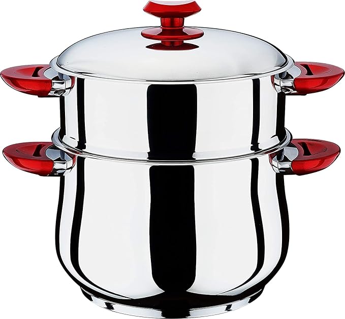 Hascevher Stainless Steel Steamer Belly shape Cous Pot with Red Handle | Steamer Cookware Red Handle (32 CM)