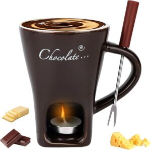Chocolate Fondue Mug with Fork and Tealights, Sweet Chocolate Melting Cup Ceramic Fondue Pot Set for Cheese Caramel & Candy, Ideal Date Night Birthday Wedding Gifts (Dark Brown)