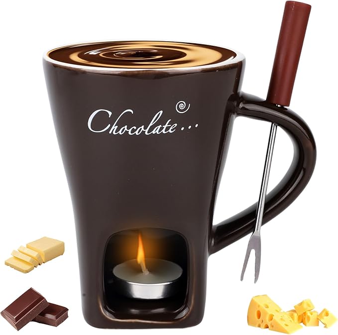 Chocolate Fondue Mug with Fork and Tealights, Sweet Chocolate Melting Cup Ceramic Fondue Pot Set for Cheese Caramel & Candy, Ideal Date Night Birthday Wedding Gifts (Dark Brown)