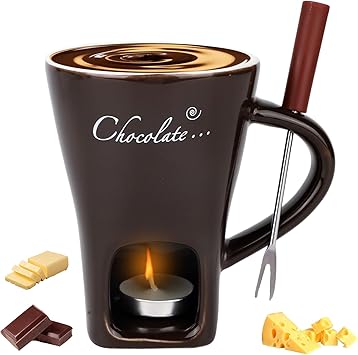 Chocolate Fondue Mug with Fork and Tealights, Sweet Chocolate Melting Cup Ceramic Fondue Pot Set for Cheese Caramel & Candy, Ideal Date Night Birthday Wedding Gifts (Dark Brown)