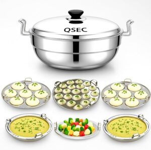 QSEC Triply bottom Idli maker Stainless Steel 4-in-1 Induction base Multi utility Kadai Idli Cooker All-in-One Big Size dhokla Cooker | 6 Plate 2 Idli | 1 mini idli 2 Dhokla 1 Patra Momo Steamer