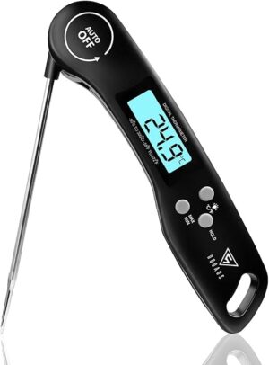 DOQAUS Digital Meat Thermometer, Instant Read Food Thermometer with Backlight LCD Screen, Foldable Long Probe & Auto On/Off, Meat Thermometer Probe for Kitchen, BBQ, Water, Milk, Cooking Food (Black)