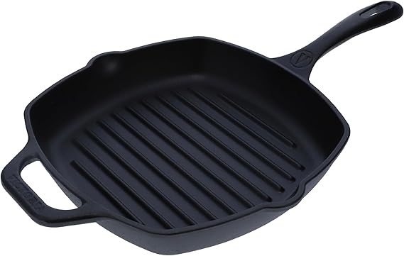 Victoria Cast Iron Grill Pan, Square Grill Pan, Cast Iron Griddle Pan, Seasoned with 100% Kosher-Certified, Non-GMO Flaxseed Oil, Black, 10 Inches