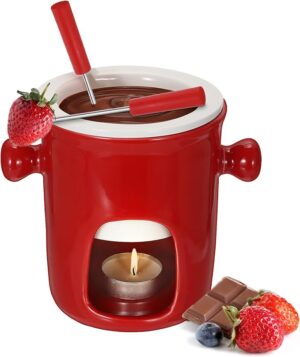 SUMNACON Keramike Chocolate Fondue Pot Set with 2 Forks, Chocolate Fondue Set, Cheese Fondue for Chocolate, Cheese Fondue for Family Dinner, Dessert, Picnics, Birthday Parties, Holiday Parties, Red