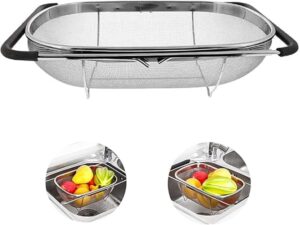 Beauenty Stainless Steel Over the Sink Colander Strainer Basket，Draining Basket，Sink Basket，Sink with Rubber Grip, Fine Mesh, Large Kitchen Gadgets Tools，Strainer Home Kitchen Essentials