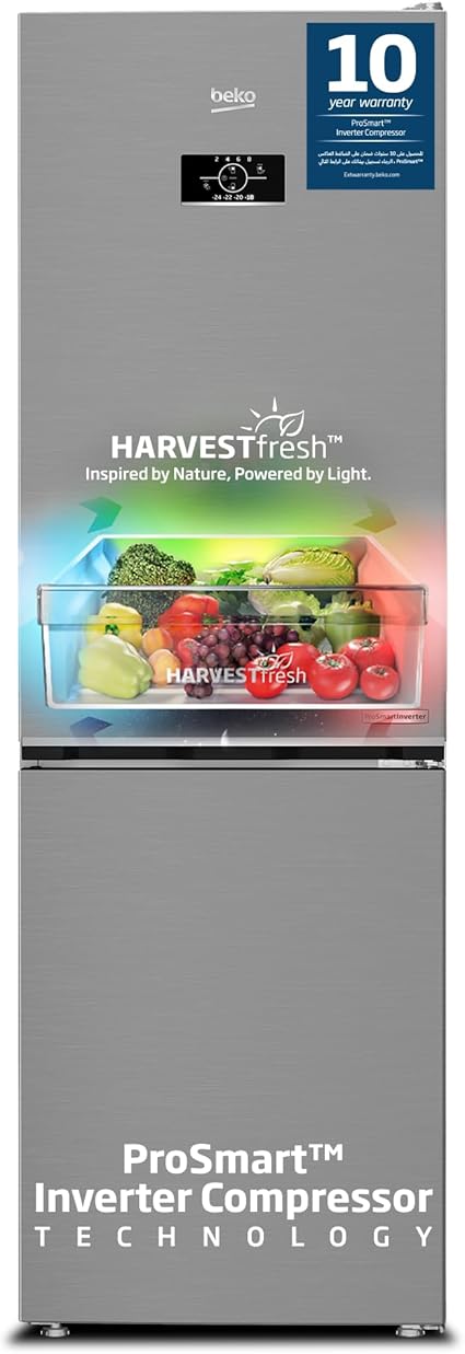 Beko Refrigerator 366 ltrs GrosS(316 Net), Double Door, Bottom Mount, Silver colour, low noise, NeoFrost Dual Cooling, Harvest fresh, 10 yrs Warranty on Pro Smart Inverter Compressor, RDNE400CS