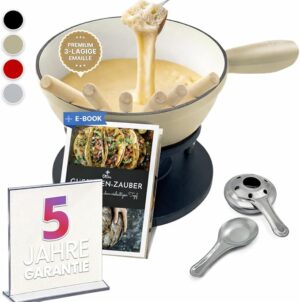 Ottia Fondue Set for 2, 3, 4, 5, 6 People Cast Iron & Enamel Cheese Fondue, Meat Fondue, Chocolate Fondue. Suitable for Induction Cookers, Non-Toxic Substances, with Burner, Forks, Recipe Book