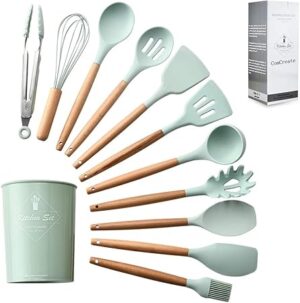 ComCreate Silicone Cooking Kitchen 11PCS Wooden Utensils Tool for Nonstick Cookware,Cooking Utensils Set with Bamboo Wood Handles for Nonstick Cookware，Non Toxic Turner Tongs Spatula Spoon Set