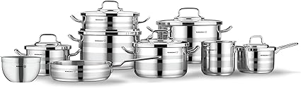 Korkmaz Astron 15 pc Cookware set | Stainless Steel Pots and Pans Set | Inductions Compatible Cooking Set | Silver - KA2057