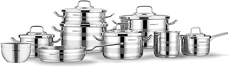 Korkmaz Astron 15 pc Cookware set | Stainless Steel Pots and Pans Set | Inductions Compatible Cooking Set | Silver - KA2057