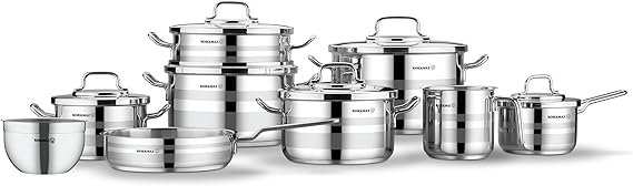Korkmaz Astron 15 pc Cookware set | Stainless Steel Pots and Pans Set | Inductions Compatible Cooking Set | Silver - KA2057