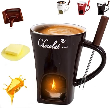 Chocolate Fondue Mug with Fork, Chocolate Fondue Cup, Personal Chocolate Melting Cup for Cheese, Ceramic Chocolate Melting Cup, Chocolate Melting Mug For Date Night Birthday Wedding Gifts (Black)