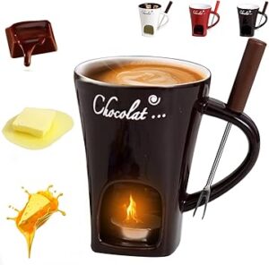 Chocolate Fondue Mug with Fork, Chocolate Fondue Cup, Personal Chocolate Melting Cup for Cheese, Ceramic Chocolate Melting Cup, Chocolate Melting Mug For Date Night Birthday Wedding Gifts (Black)