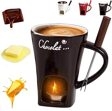 Chocolate Fondue Mug with Fork, Chocolate Fondue Cup, Personal Chocolate Melting Cup for Cheese, Ceramic Chocolate Melting Cup, Chocolate Melting Mug For Date Night Birthday Wedding Gifts (Black)