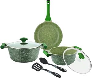 Prestige Essentials Granite 7 Piece Non-Stick Cast Aluminium Cookware Sets | Induction Compatible Pots and Pans Set | Grenn - PR80960