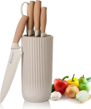 Kitchen Knife Set, 6-Pieces Khaki Sharp Knife Set for Kitchen, Non-stick Non-slip Stainless Steel Chef Knife Set with Universal Knife Block Suitable for Home Restaurant (Khaki)