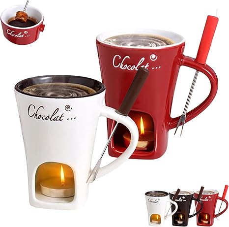 Fondue Cup, Sweet Fondue Cup, Chocolate Fondue Mug with Fork and Candle, Chocolate Melting Cup for Date Night, Birthday, Wedding Gifts (White+Red)