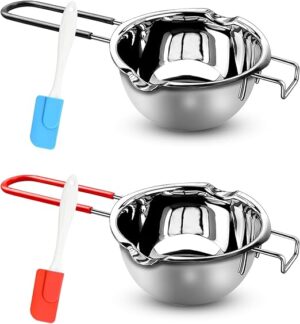 Pack of 2 Melting Pot, Chocolate, Water Bath Melting Bowl, 304 Stainless Steel with 2 Spatulas and Heat Resistant Handle for Chocolate, Sugar, Butter, Cheese, Caramel Candles (480 ml or 680 ml
