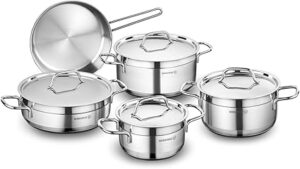 Korkmaz Alfa 9 Pieces Tri-Ply Bottom Stainless Steel Cookware Set | Sandwich Bottom Induction Compatible Cookware Pots and Pans Set | Silver - KA1660