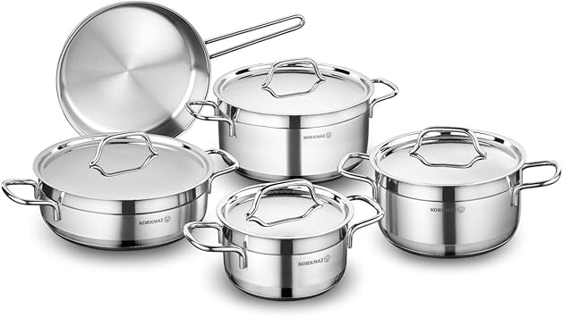 Korkmaz Alfa 9 Pieces Tri-Ply Bottom Stainless Steel Cookware Set | Sandwich Bottom Induction Compatible Cookware Pots and Pans Set | Silver - KA1660