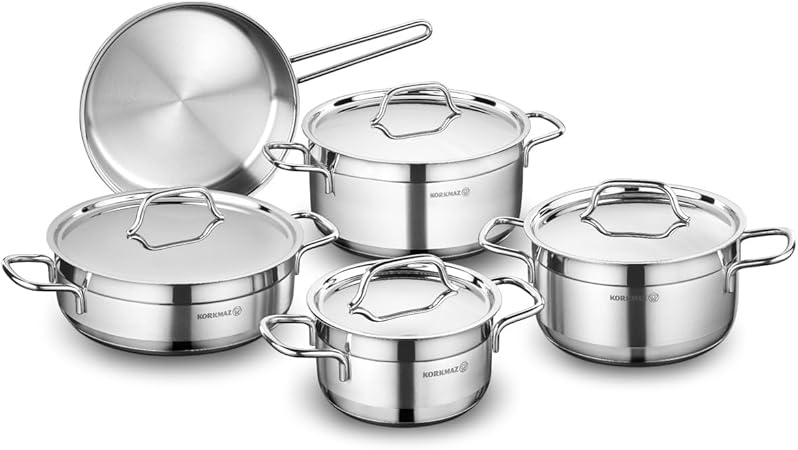 Korkmaz Alfa 9 Pieces Tri-Ply Bottom Stainless Steel Cookware Set | Sandwich Bottom Induction Compatible Cookware Pots and Pans Set | Silver - KA1660