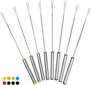 Set of 8 Color-Coded Stainless Steel Fondue Forks – 9.5" Heat-Resistant Handle Skewers for Chocolate, Cheese, Marshmallows, and Fruits