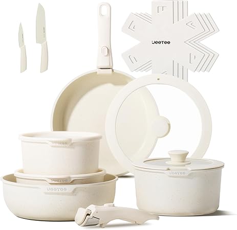JEETEE Pots and Pans Set Non Stick 17pcs, Kitchen Cookware Sets with Detachable Handle, Induction Nonstick Cookware Set with Removable Handle, Stackable RV Cookware, Oven Safe, PFAS/PFOA Free, Beige