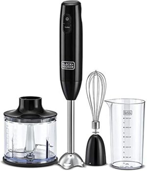 BLACK+DECKER Hand Blender, 600W, 600ml Chopping Bowl, 500ml Beaker, Stainless Steel Blades, Dual Speed, 3-in-1 Functionality, Anti-Slip, Perfect for Blending, Chopping, Whisking, Black - HB600-B5