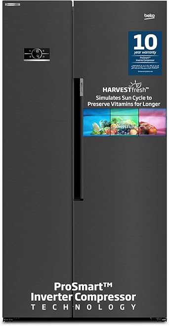Beko Refrigerator 635 Liters Gross(558 Net), Side by Side, Prepainted Dark Inox colour, low noise, NeoFrost Dual Cooling, Harvest fresh, 10 yrs Warranty on Pro Smart Inverter Compressor, GNE741PP