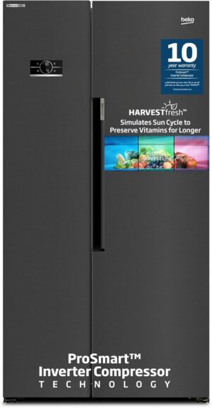 Beko Refrigerator 635 Liters Gross(558 Net), Side by Side, Prepainted Dark Inox colour, low noise, NeoFrost Dual Cooling, Harvest fresh, 10 yrs Warranty on Pro Smart Inverter Compressor, GNE741PP
