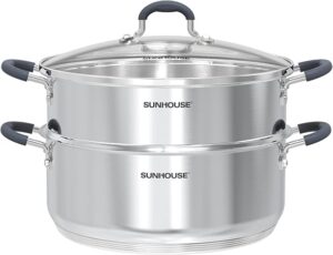 SUNHOUSE - 5.5 Quart Steamer Pots With Lid 2-Tier Multipurpose Stainless Steel Steaming Pot Cookware With Handle For Vegetable, Dumpling, Sauce, Food - Triple Bottom, Measurement Line