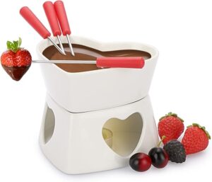 BSTKEY Ceramic Chocolate Fondue Pot Butter Warmer, Heart Shape 320ml Cheese Fondue Set Milk Cheese Warmer Tea Light Candle Fondue Pot Set with 4 Red Forks (White)