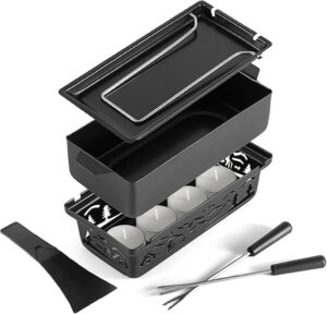 Swissmar Tandem Candle Fondue & Raclette Set - Portable 2-in-1 Tabletop Cheese Fondue Pot with Raclette Dish, Forks, Spatula & Tealight Candles, Ideal For Camping