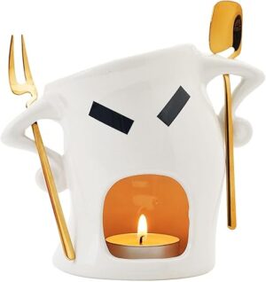Mini Ceramic Fondue Set: Chocolate Fondue Melting Cup, Cheese Fondue Pot, Candy Mini Fondue Cups with 1 Fork & 1 Scoop - Food-Safe Gift for Parties, Gifts, Cozy Nights (White)