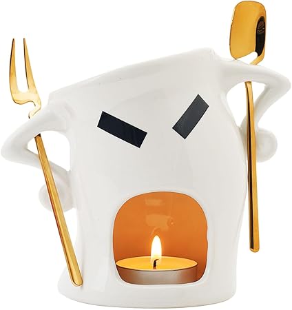 Mini Ceramic Fondue Set: Chocolate Fondue Melting Cup, Cheese Fondue Pot, Candy Mini Fondue Cups with 1 Fork & 1 Scoop - Food-Safe Gift for Parties, Gifts, Cozy Nights (White)