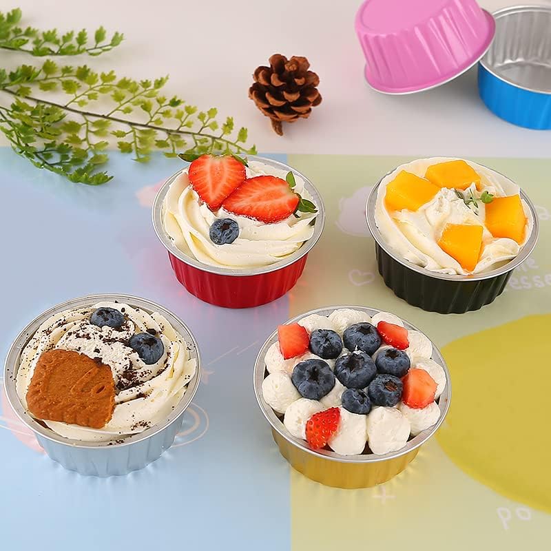 CURTEK 100 Pack Dessert Cups with Lids 5 oz Aluminum Foil Baking Cups Muffin Tins Disposable Mini Cake Pans Muffin Tins Liners for Wedding Birthday Individual Dessert Containers,Black
