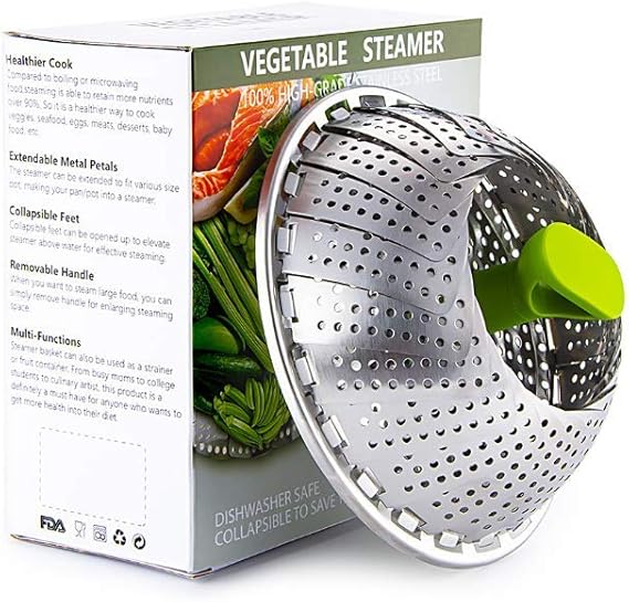 Steamer Basket Stainless Steel Vegetable Steamer Basket Folding Steamer Insert for Veggie Fish Seafood Cooking for Herbs, Chicken, Meat & Vegetables with Oven Mitts (11 in)