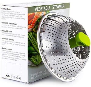 Steamer Basket Stainless Steel Vegetable Steamer Basket Folding Steamer Insert for Veggie Fish Seafood Cooking for Herbs, Chicken, Meat & Vegetables with Oven Mitts (11 in)