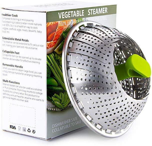 Steamer Basket Stainless Steel Vegetable Steamer Basket Folding Steamer Insert for Veggie Fish Seafood Cooking for Herbs, Chicken, Meat & Vegetables with Oven Mitts (11 in)