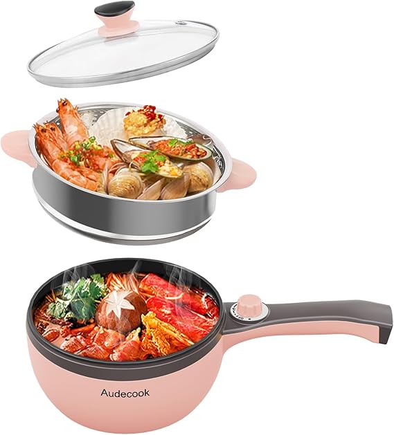 Audecook Electric Hot Pot with Steamer, 1.5L/20cm Multi-Functional Cooker Non-Stick Frying Pan Portable Electric Skillet for Dorm Office for Ramen, Steak, Sauté and Steam (C(pink/1.5L with steamer))