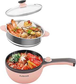 Audecook Electric Hot Pot with Steamer, 1.5L/20cm Multi-Functional Cooker Non-Stick Frying Pan Portable Electric Skillet for Dorm Office for Ramen, Steak, Sauté and Steam (C(pink/1.5L with steamer))