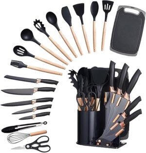 19-Piece Silicone Kitchen Utensil Set – Heat-Resistant Cooking Tools with Wooden Handles - Nonstick & BPA-Free Stainless Steel Kitchen Utensil Set with Holder