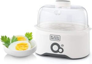 Black & Decker 280w 6 piece egg cooker with cooking rack and 2 poaching pan dry boil auto shutoff protection transparent cover white body, for perfect eggs eg200-b5 years warranty