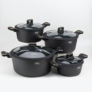 Julia Elite-Pro Plus Cookware Set 8 Pieces Black Granite Non-Stick Cooking Pots With Glass Lids And Soft-Touch Handles, Heavy-Duty Stylish Cookware Set For All Stove Types
