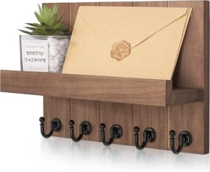 Key Holder for Wall, Decorative Mail Organizer Wall Mount with 5 Key Hooks for Farmhouse Apartment Essentials, Home Decor for Living Room (Brown)