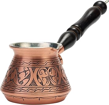 DEMMEX 2mm Thickest Copper Turkish Greek Arabic Coffee Pot Engraved Stovetop Coffee Maker Cezve Ibrik Briki with Wooden Handle & Spoon, for 3 People (Matte Copper)