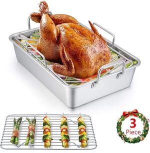 E-far Roasting Pan, 14 Inch Stainless steel Turkey Roaster with Rack, Include Deep Lasagna Pan & V-shaped Rack & Roasting Rack, Non-Toxic & Heavy Duty, Easy Clean & Dishwasher Safe - Rectangular