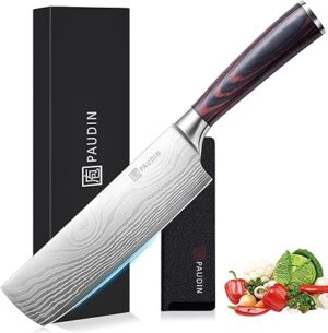 PAUDIN Nakiri Knife - 7'' Razor Sharp Meat Cleaver, Vegetable and Chopping Knife, High Carbon Stainless Steel, Multipurpose Asian Chef Knife for Home and Kitchen with Ergonomic Handle